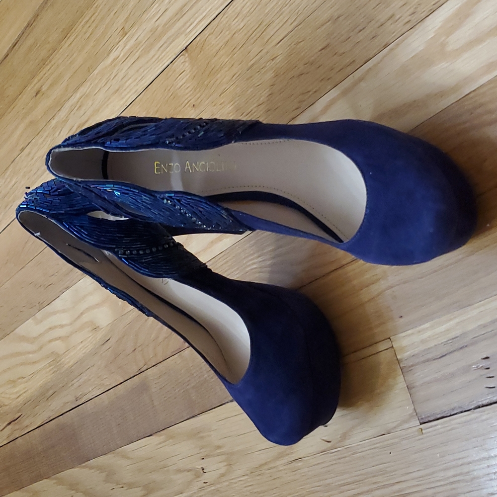 Blue suede beaded platform heels